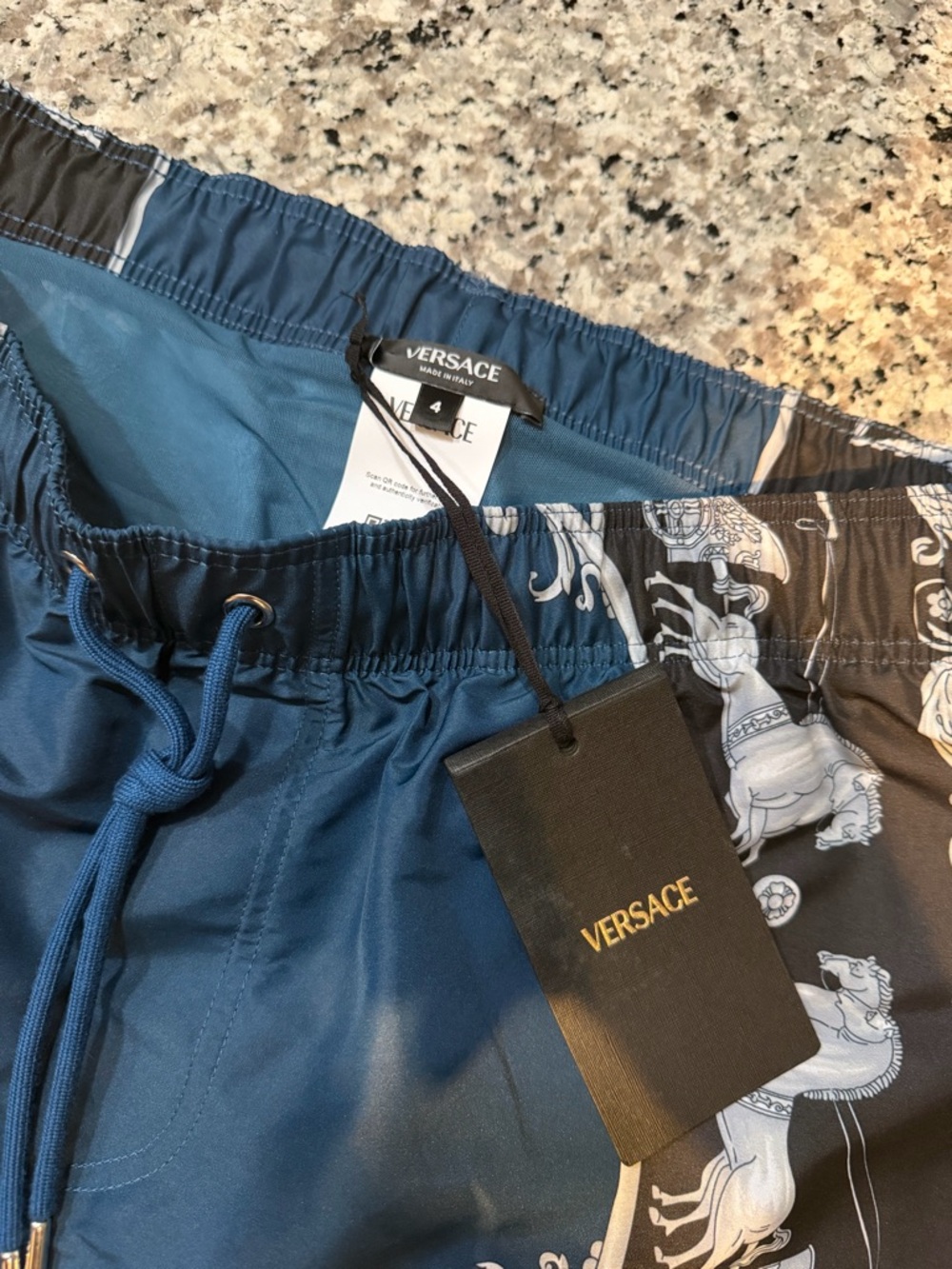 Versace Blue and Black Patterned Kids Swim Shorts
